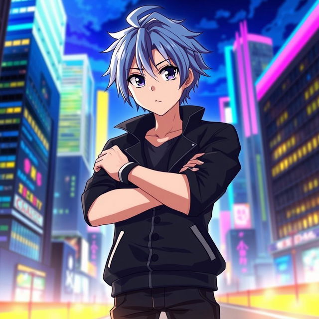 A dynamic anime character standing confidently with arms crossed, wearing a stylish black jacket