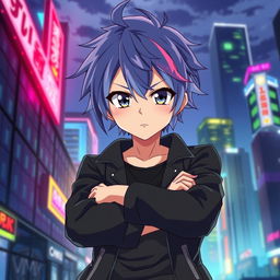 A dynamic anime character standing confidently with arms crossed, wearing a stylish black jacket