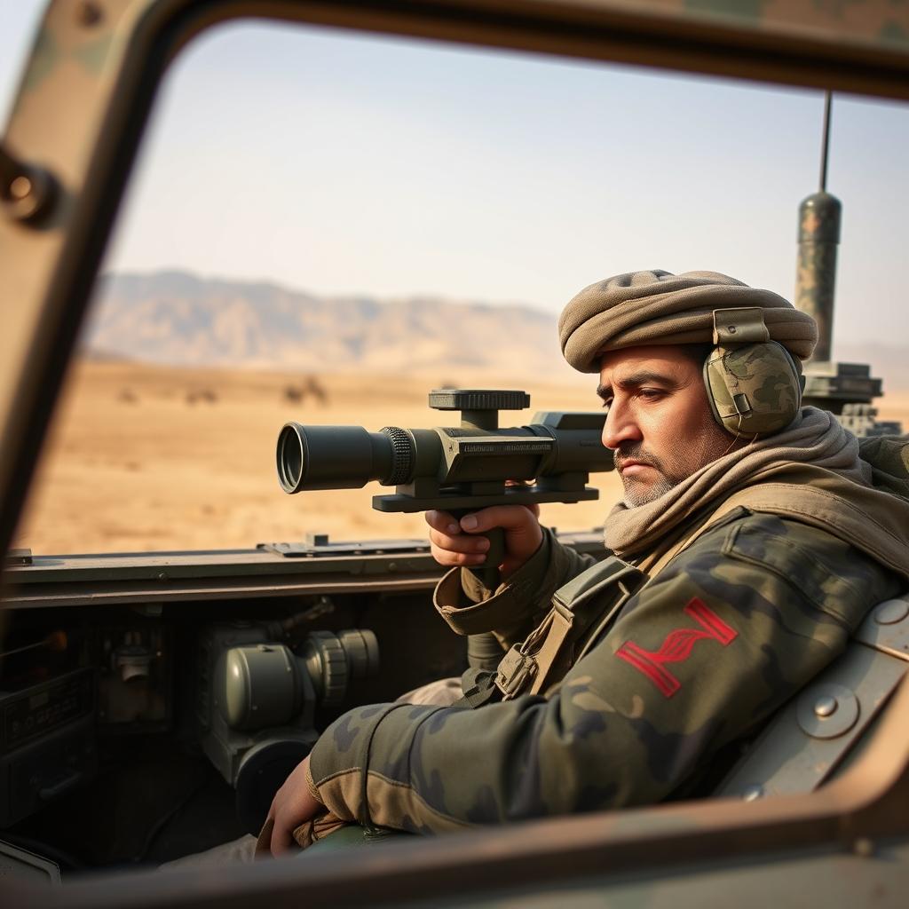 An Afghan army soldier inside a tank, wearing a camouflage uniform and army gear