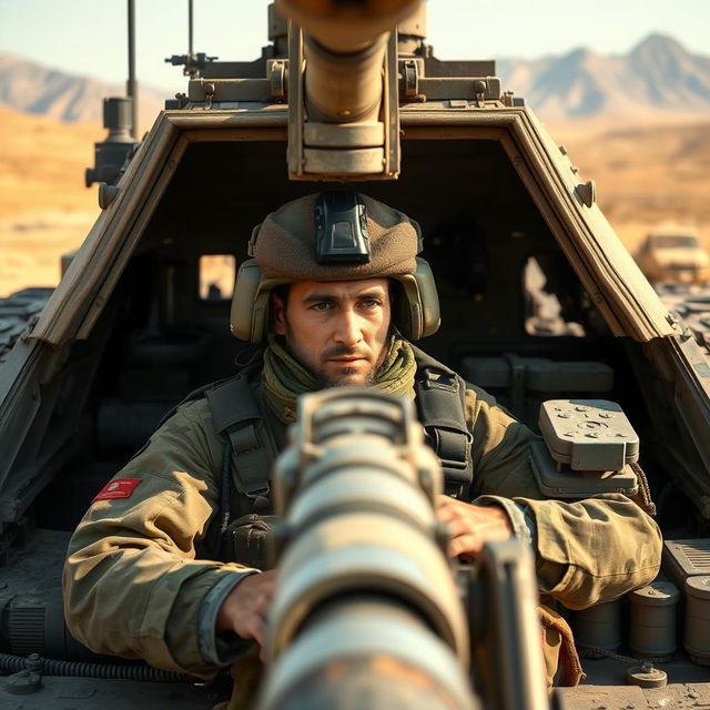 An Afghan army soldier inside a tank, wearing a camouflage uniform and army gear