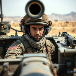 An Afghan army soldier inside a tank, wearing a camouflage uniform and army gear