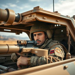 An Afghan army soldier inside a tank, wearing a camouflage uniform and army gear