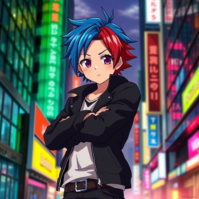 An anime character standing boldly with arms crossed, confidently showcasing a stylish black jacket