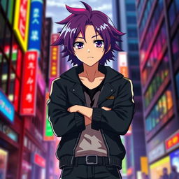 An anime character standing boldly with arms crossed, confidently showcasing a stylish black jacket