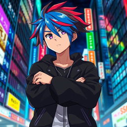 An anime character standing boldly with arms crossed, confidently showcasing a stylish black jacket
