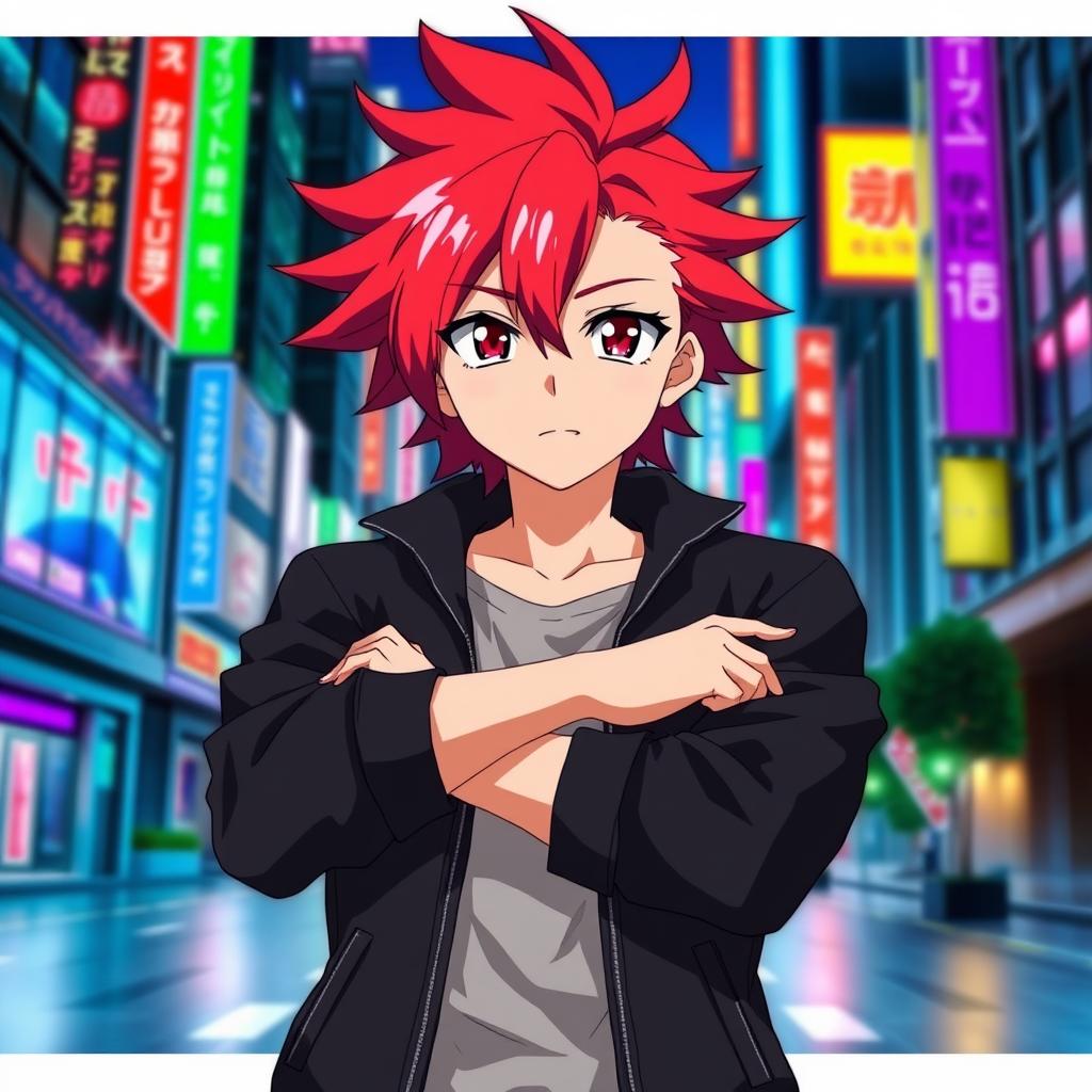 An anime character standing boldly with arms crossed, confidently showcasing a stylish black jacket