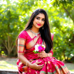 A beautiful Hindu girl sitting gracefully, with long dark hair cascading over her shoulders