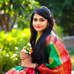 A beautiful Hindu girl sitting gracefully, with long dark hair cascading over her shoulders