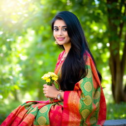 A beautiful Hindu girl sitting gracefully, with long dark hair cascading over her shoulders