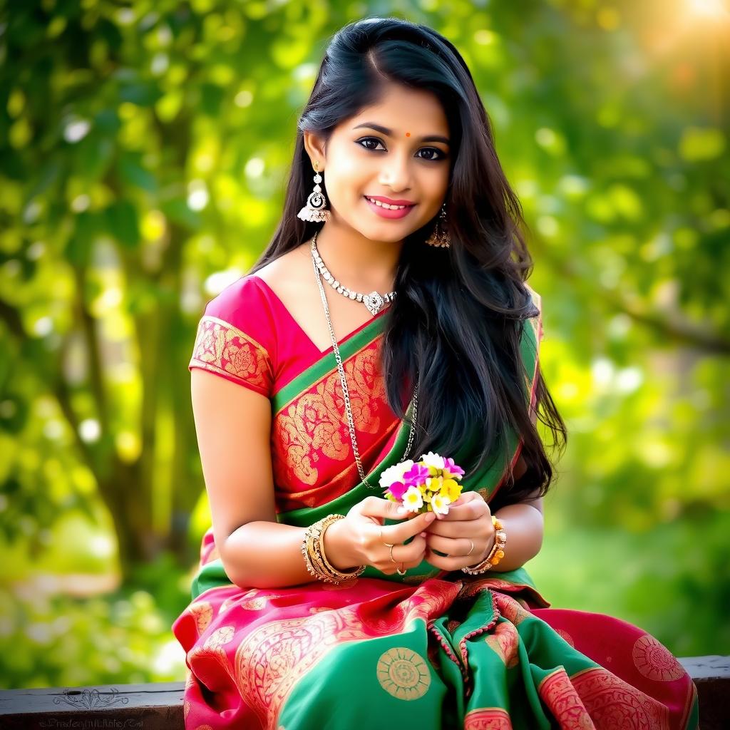A beautiful Hindu girl sitting gracefully, with long dark hair cascading over her shoulders