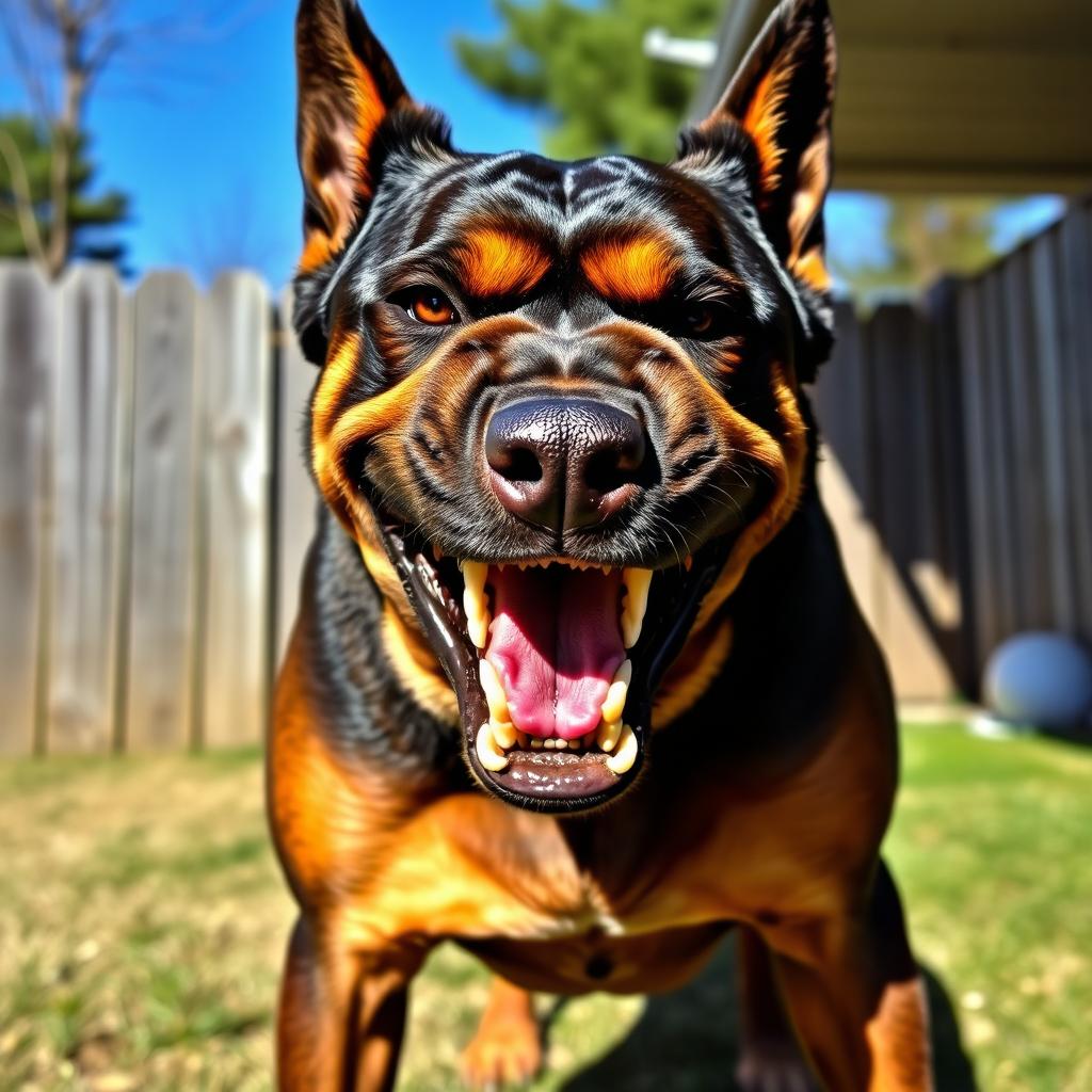 An angry dog with bared teeth, fur bristled, eyes glaring with intensity