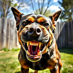 An angry dog with bared teeth, fur bristled, eyes glaring with intensity