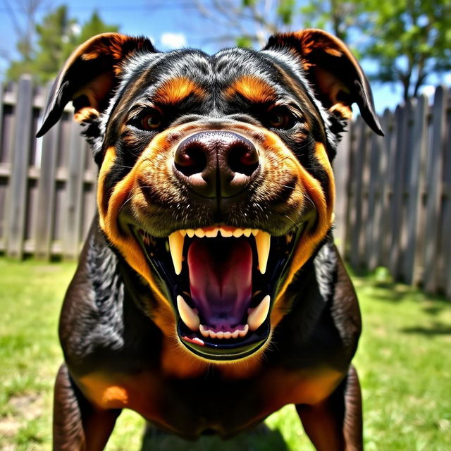 An angry dog with bared teeth, fur bristled, eyes glaring with intensity