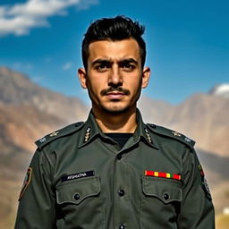 A portrait of Afghan national police officer Mahood Yousufzay, standing proudly in his uniform with a determined expression