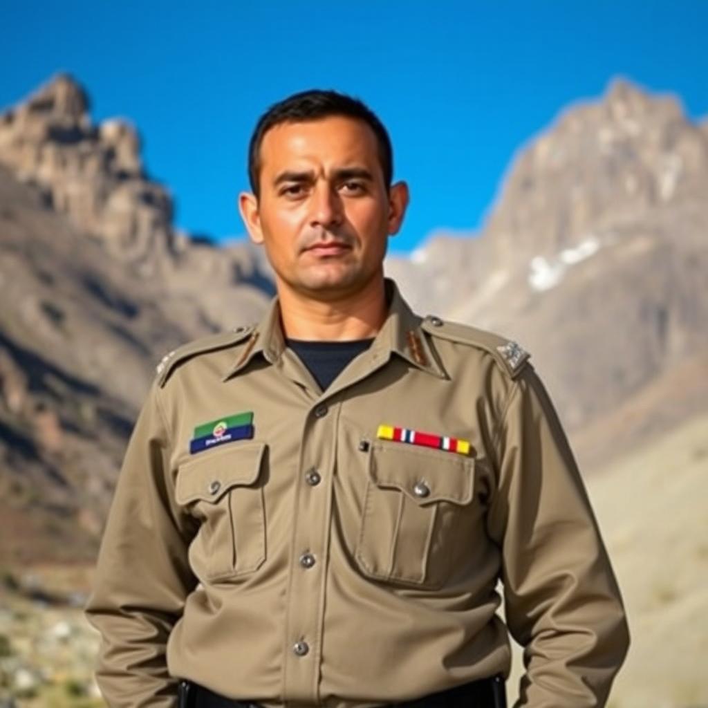 A portrait of Afghan national police officer Mahood Yousufzay, standing proudly in his uniform with a determined expression