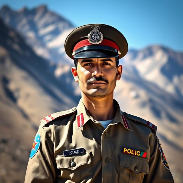 A portrait of Afghan national police officer Mahood Yousufzay, standing proudly in his uniform with a determined expression