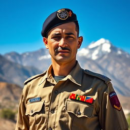 A portrait of Afghan national police officer Mahood Yousufzay, standing proudly in his uniform with a determined expression