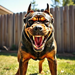 A very angry dog with its mouth open, showing sharp teeth, standing aggressively in a backyard