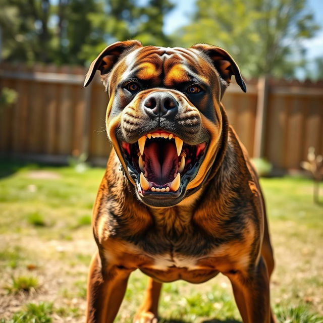 A very angry dog with its mouth open, showing sharp teeth, standing aggressively in a backyard