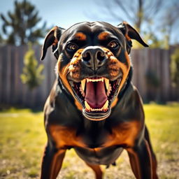A very angry dog with its mouth open, showing sharp teeth, standing aggressively in a backyard