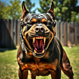 A very angry dog with its mouth open, showing sharp teeth, standing aggressively in a backyard