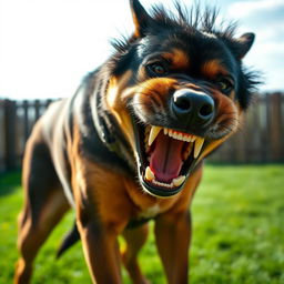An extremely angry dog, fur spiked up, standing in a fierce and threatening stance, displaying its teeth with a deep growl