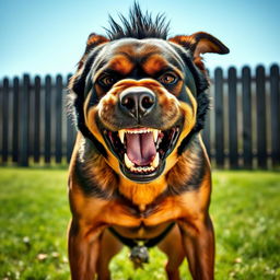 An extremely angry dog, fur spiked up, standing in a fierce and threatening stance, displaying its teeth with a deep growl