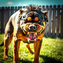 An extremely angry dog, fur spiked up, standing in a fierce and threatening stance, displaying its teeth with a deep growl