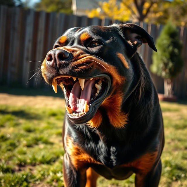 An extremely furious dog, with its mouth wide open, revealing sharp teeth in a menacing growl