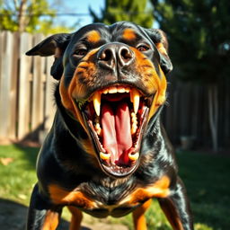An extremely furious dog, with its mouth wide open, revealing sharp teeth in a menacing growl