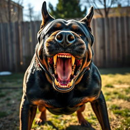 An extremely furious dog, with its mouth wide open, revealing sharp teeth in a menacing growl