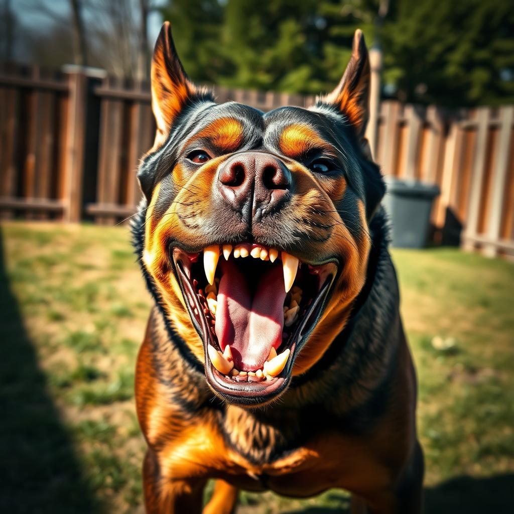 An extremely furious dog, with its mouth wide open, revealing sharp teeth in a menacing growl