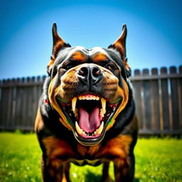 An exceptionally angry dog with a fierce expression, baring its teeth prominently, emitting a strong growl