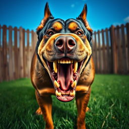 An exceptionally angry dog with a fierce expression, baring its teeth prominently, emitting a strong growl