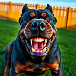 An exceptionally angry dog with a fierce expression, baring its teeth prominently, emitting a strong growl