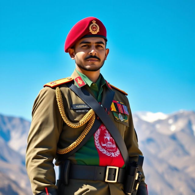 A soldier from the Afghanistan National Army, named Mahmood Yousofzay, proudly wearing a ceremonial uniform adorned with the Afghanistan flag