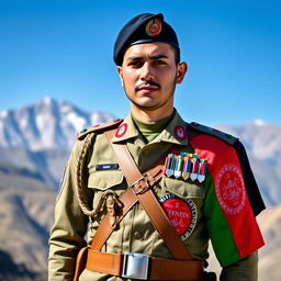 A soldier from the Afghanistan National Army, named Mahmood Yousofzay, proudly wearing a ceremonial uniform adorned with the Afghanistan flag
