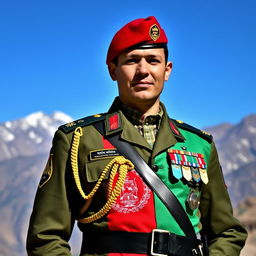 A soldier from the Afghanistan National Army, named Mahmood Yousofzay, proudly wearing a ceremonial uniform adorned with the Afghanistan flag