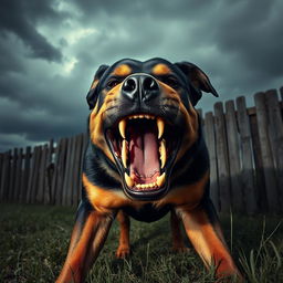 A terrifyingly angry dog, captured mid-snarl, with lips curled back revealing sharp teeth