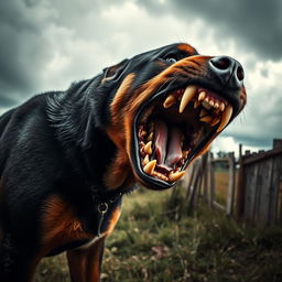 A terrifyingly angry dog, captured mid-snarl, with lips curled back revealing sharp teeth