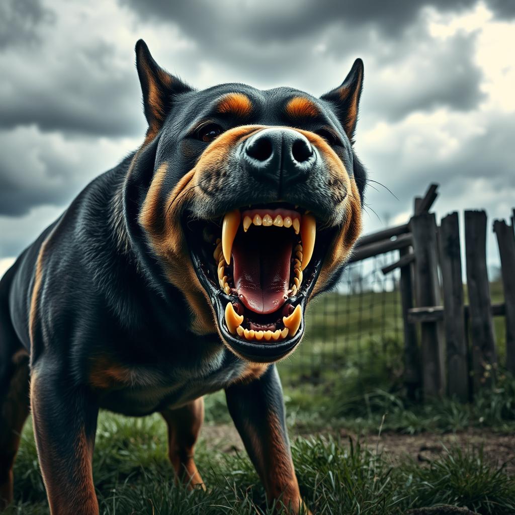 A terrifyingly angry dog, captured mid-snarl, with lips curled back revealing sharp teeth