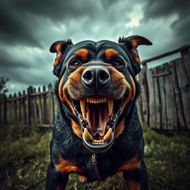 A terrifyingly angry dog, captured mid-snarl, with lips curled back revealing sharp teeth