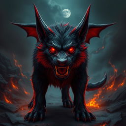 A fierce, devilish dog with a menacing demeanor, featuring exaggerated bat-like ears and sharp, glowing red eyes that radiate an intense fury