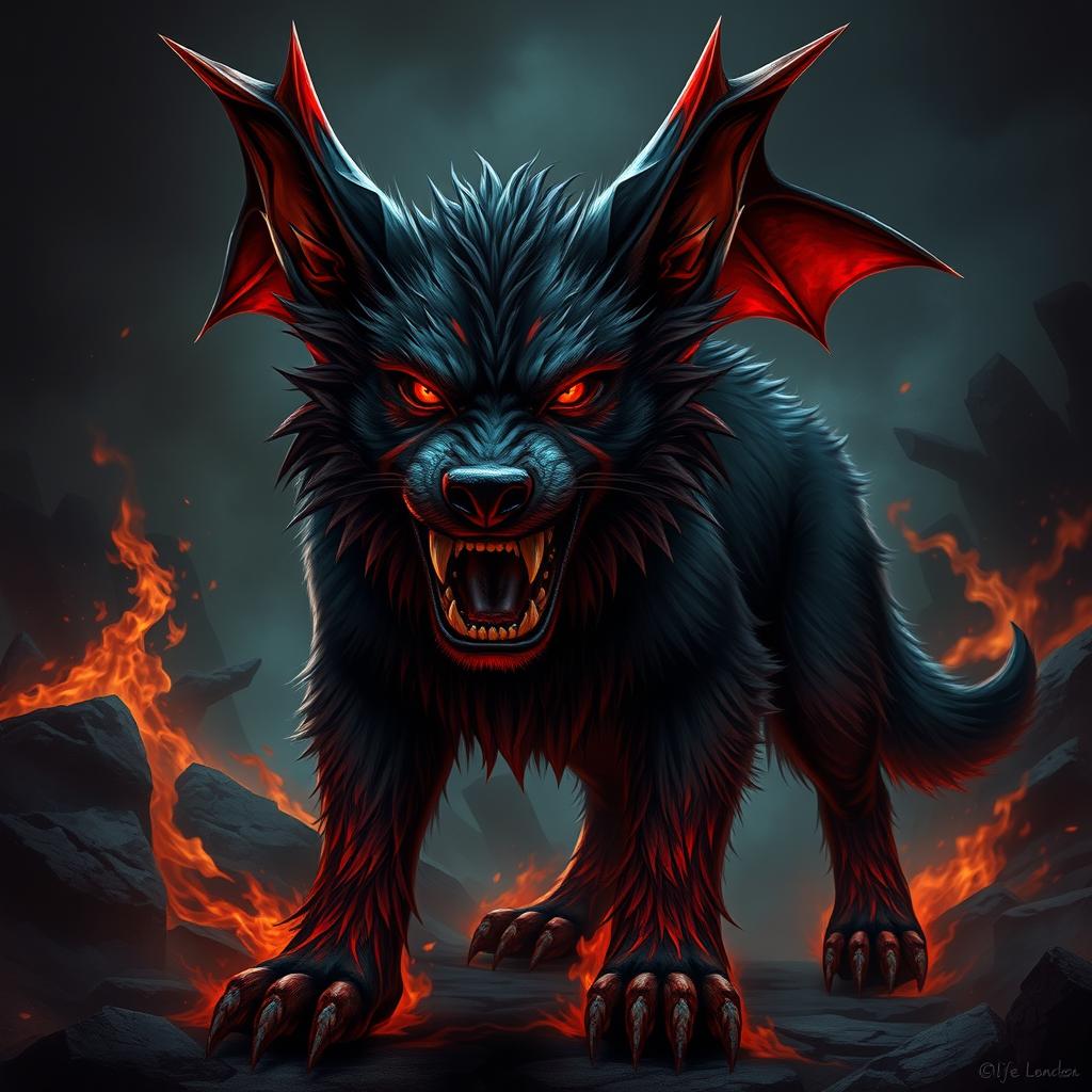 A fierce, devilish dog with a menacing demeanor, featuring exaggerated bat-like ears and sharp, glowing red eyes that radiate an intense fury