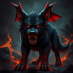 A fierce, devilish dog with a menacing demeanor, featuring exaggerated bat-like ears and sharp, glowing red eyes that radiate an intense fury