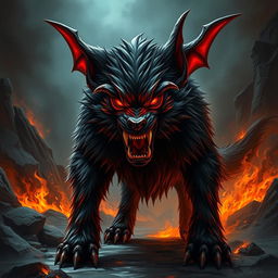 A fierce, devilish dog with a menacing demeanor, featuring exaggerated bat-like ears and sharp, glowing red eyes that radiate an intense fury