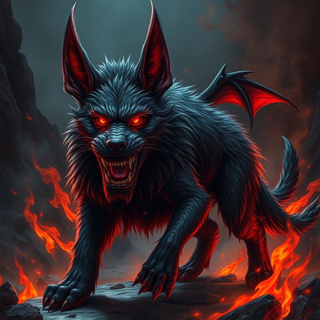 A fierce, devilish dog with a menacing demeanor, featuring exaggerated bat-like ears and sharp, glowing red eyes that radiate an intense fury