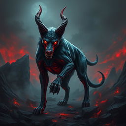 An even more terrifying devilish dog with an exaggeratedly menacing appearance, featuring massive, twisted horns protruding from its head and glowing red eyes that seem to burn with fury