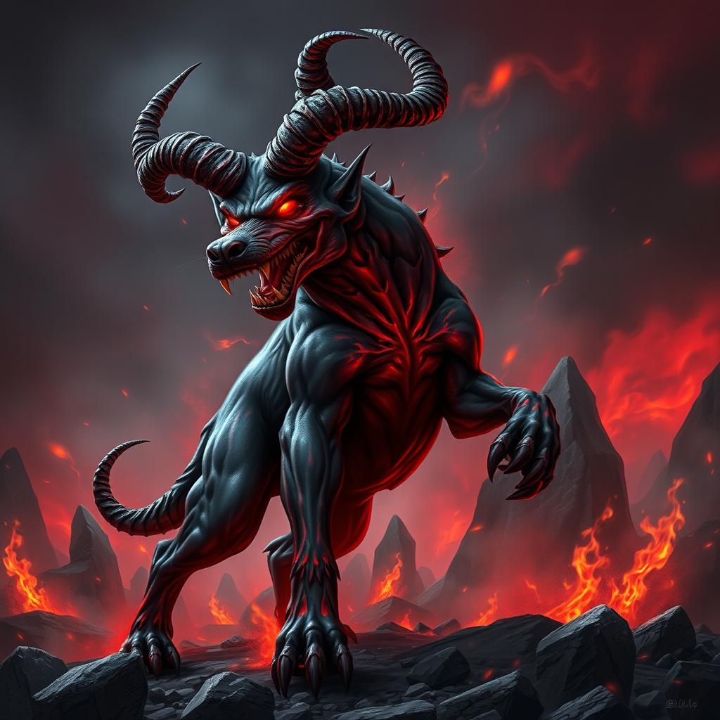 An even more terrifying devilish dog with an exaggeratedly menacing appearance, featuring massive, twisted horns protruding from its head and glowing red eyes that seem to burn with fury