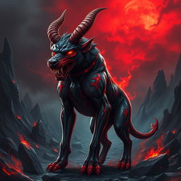 An even more terrifying devilish dog with an exaggeratedly menacing appearance, featuring massive, twisted horns protruding from its head and glowing red eyes that seem to burn with fury